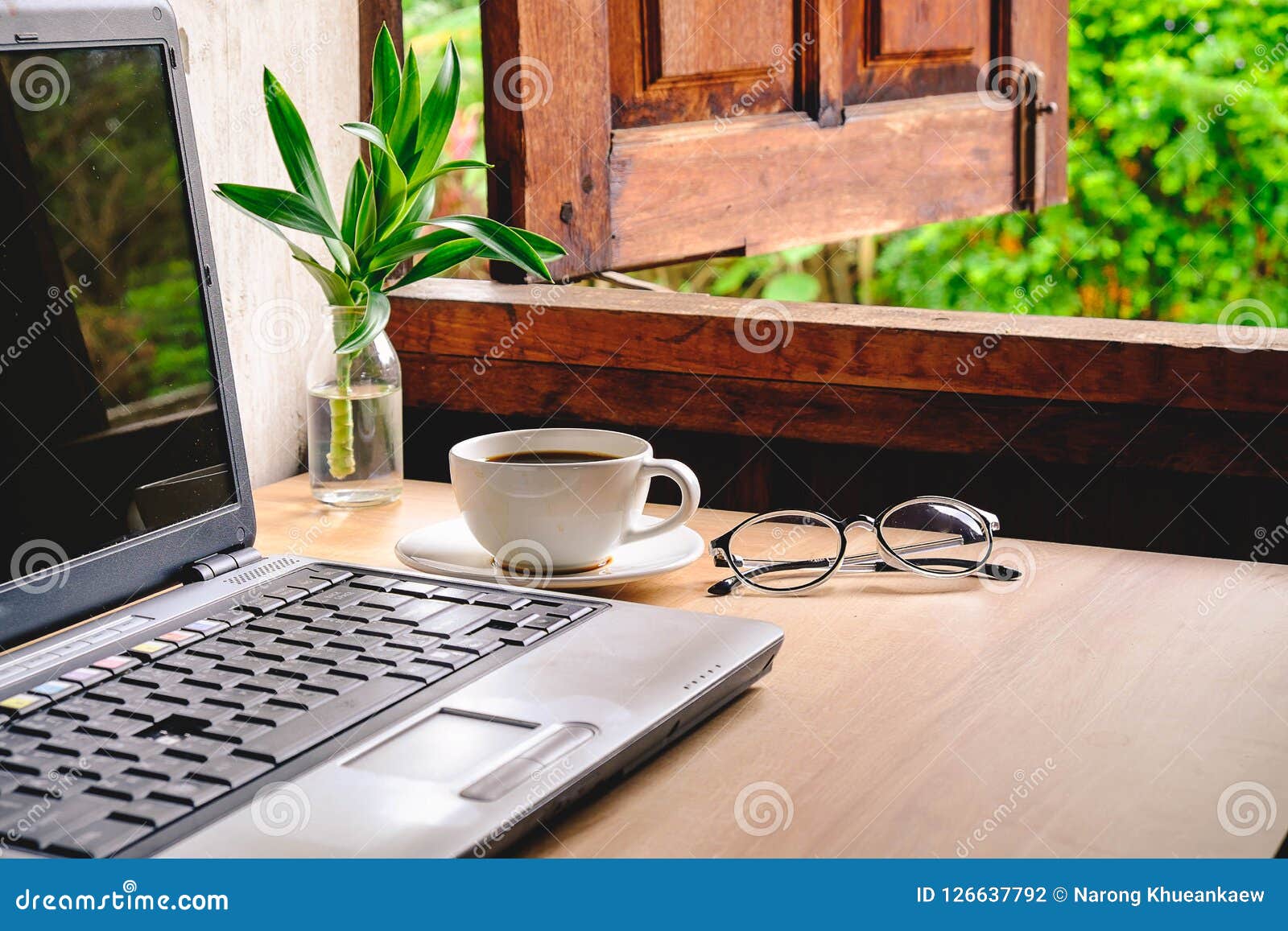Coffee cup on work table stock photo. Image of desk 126637792
