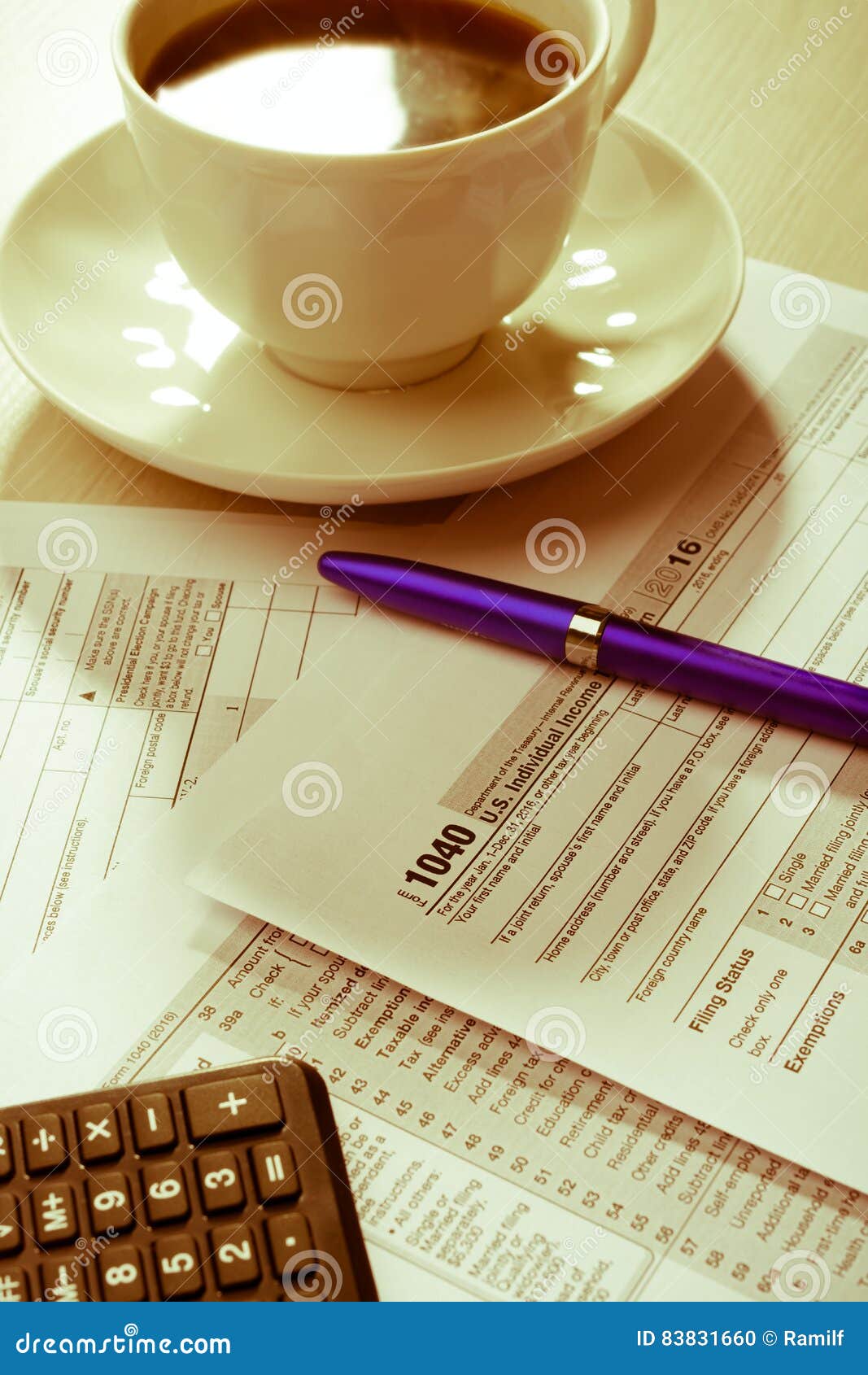 Cup of coffee and tax form editorial image. Image of saucer 83831660