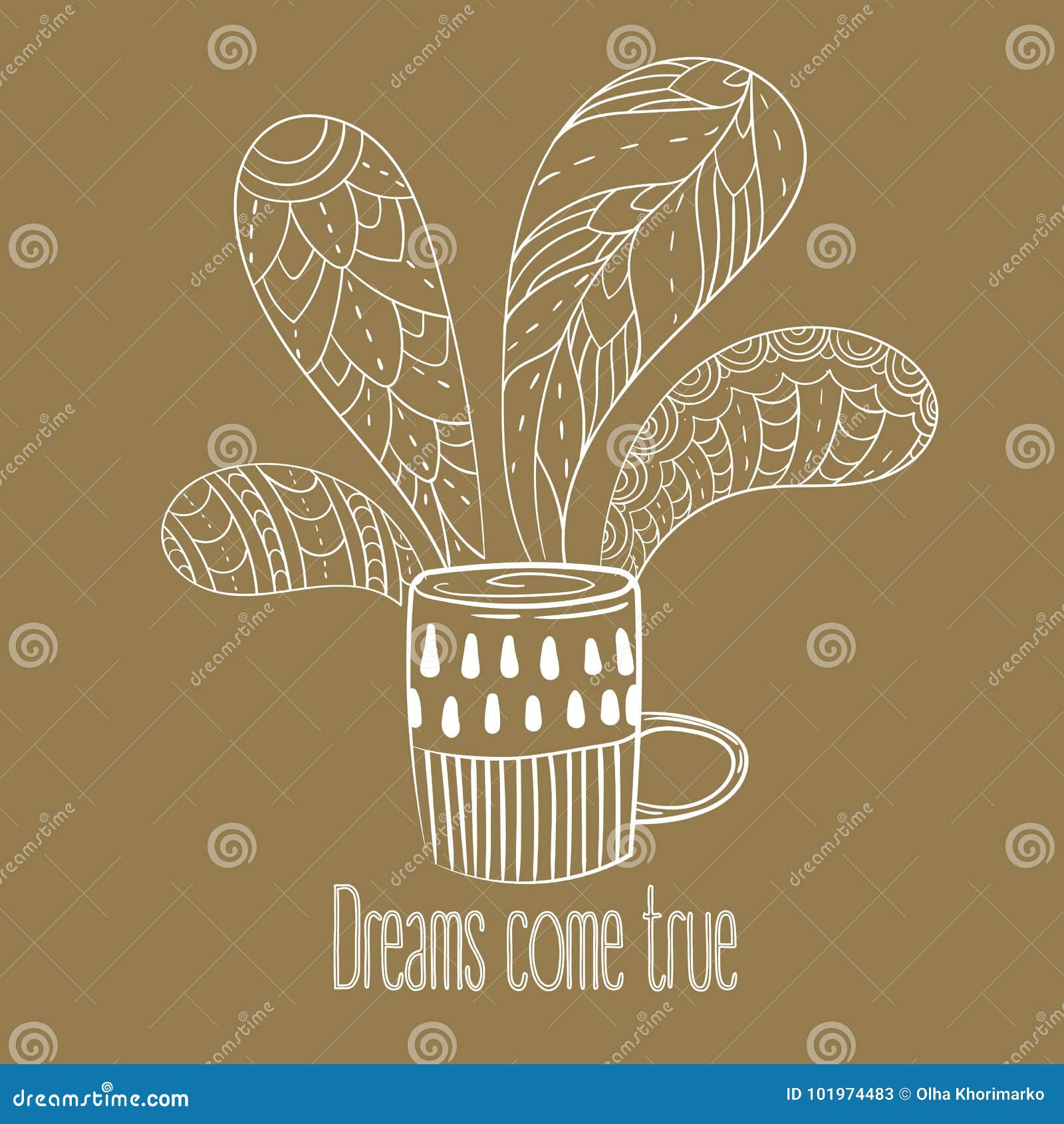 Cup of Coffee or Tea. Dreams Come True Text Stock Vector Illustration