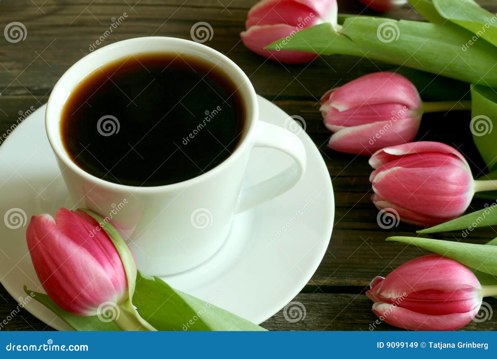 Cup of coffee and tulips stock image. Image of coffee 9099149