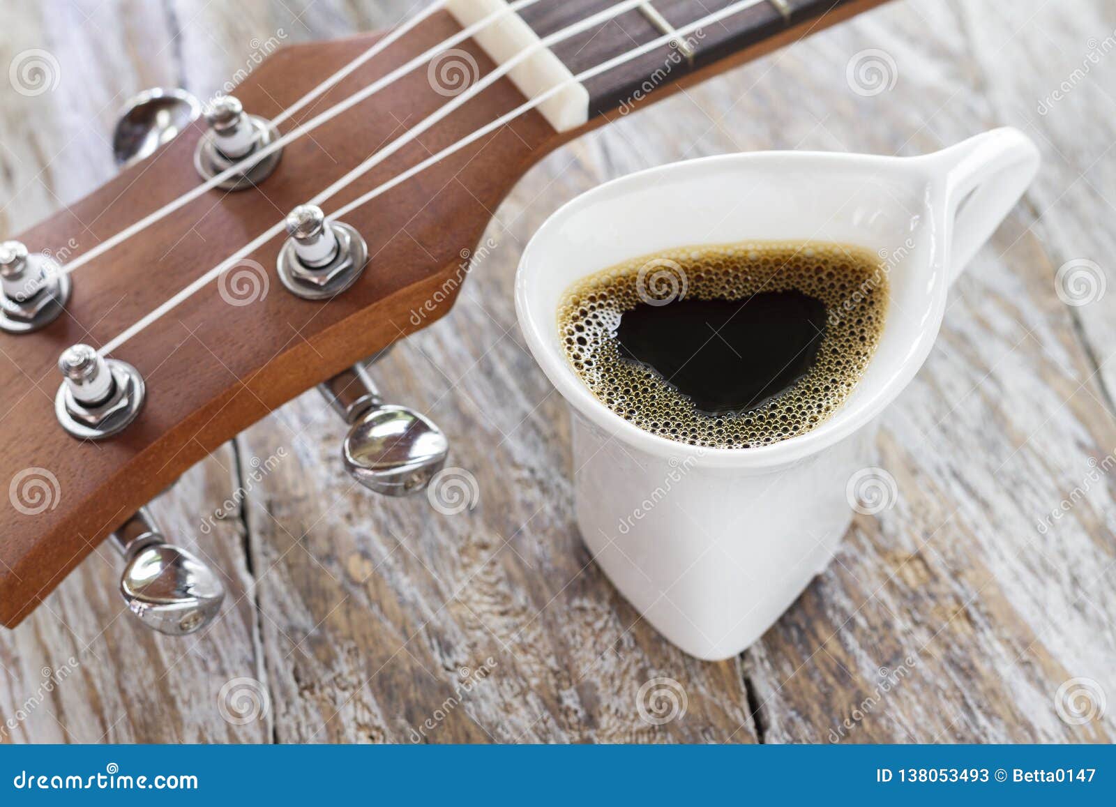 Cup Of Coffee And Ukulele On Rustic Wood Stock Image Image Of Barista Decoration 138053493