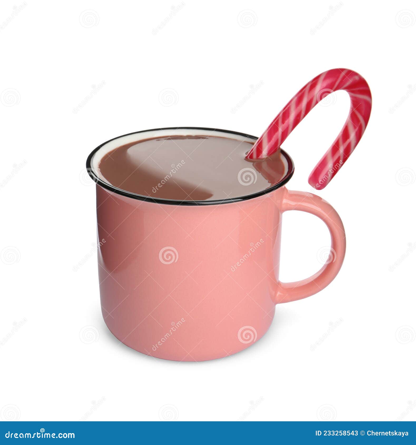 Cup of Delicious Hot Chocolate with Candy Canes Isolated on White Stock