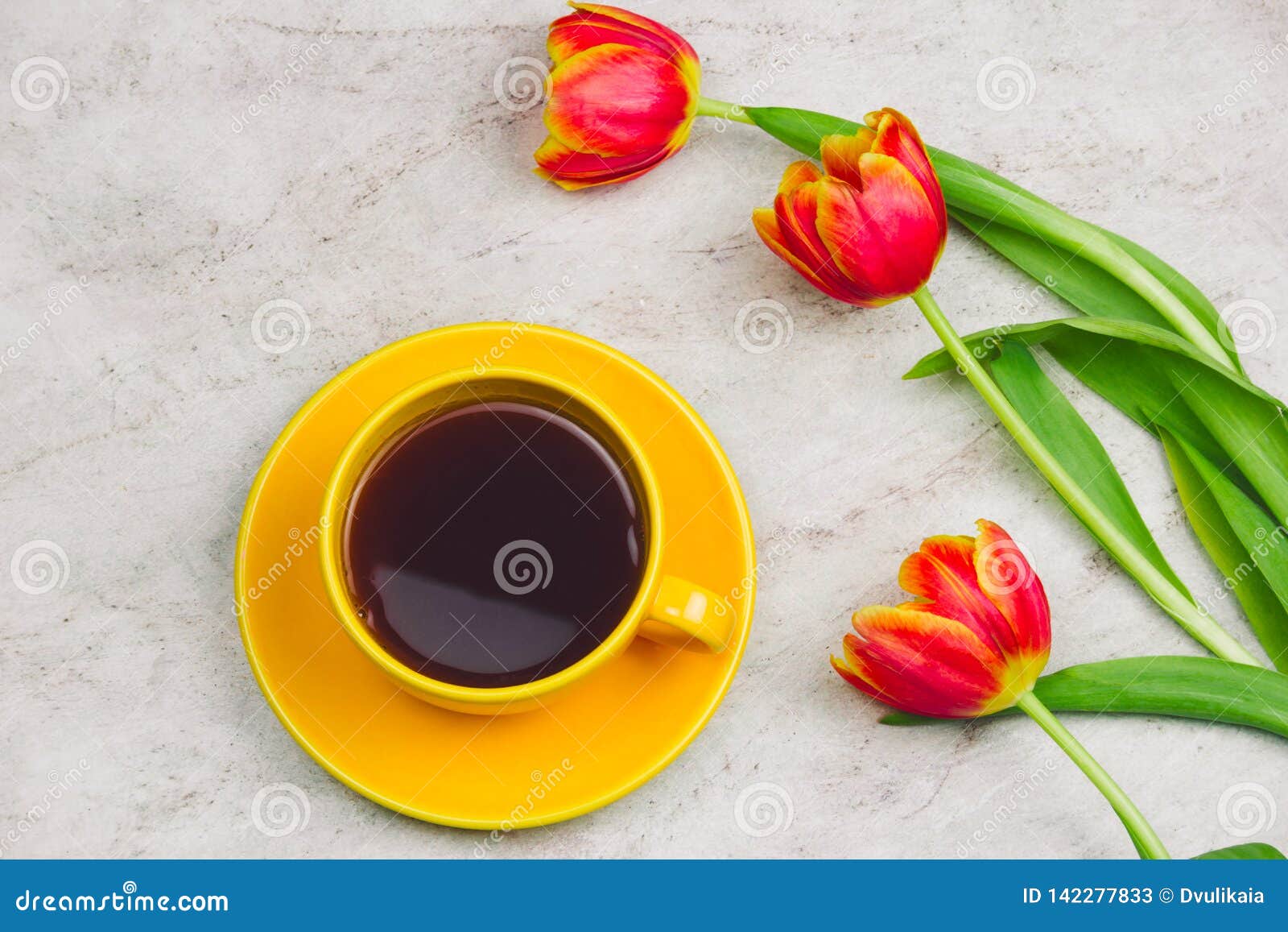 Cup of Drink and Tulips on Marble Table Stock Image Image of tulips