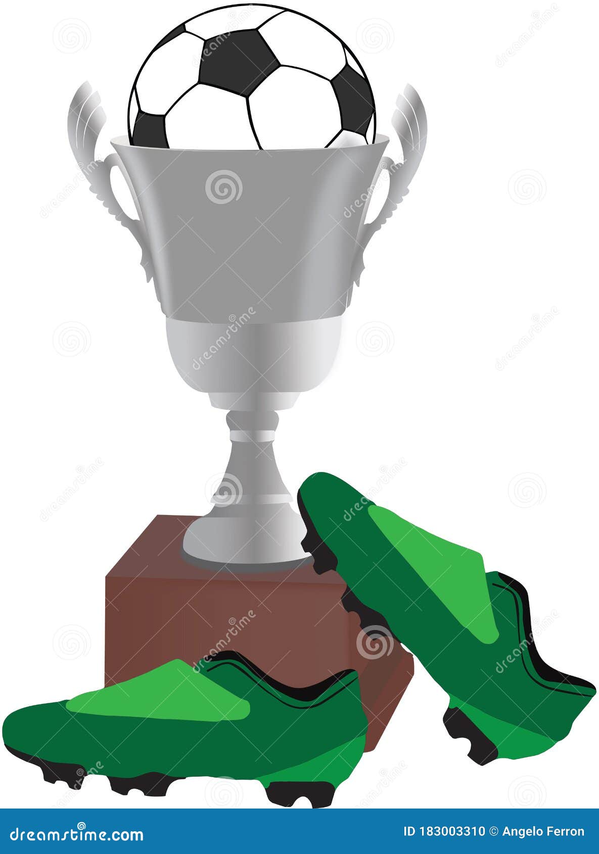 cup with football and green footballer`s shoes