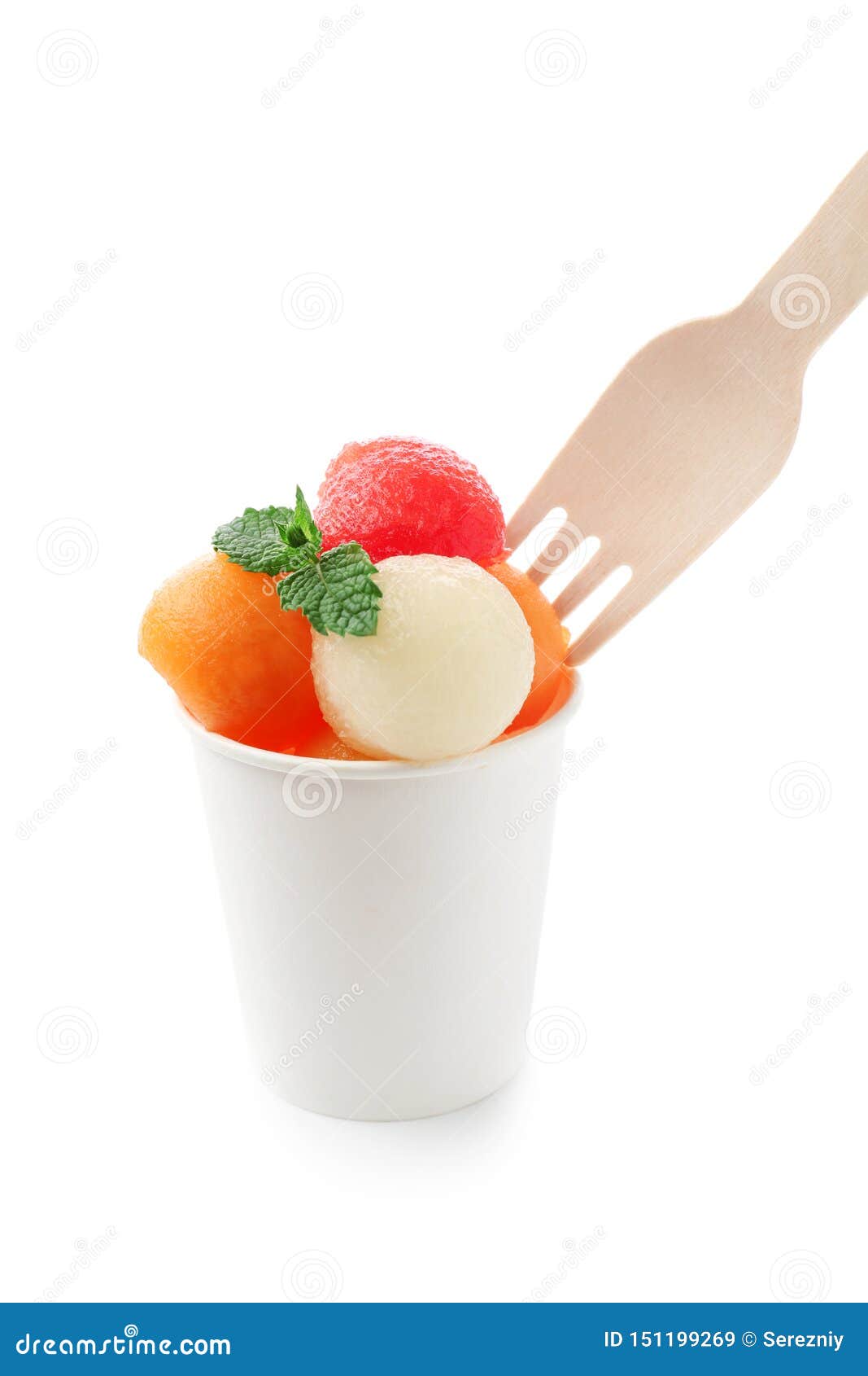 Cup with Fresh Melon and Watermelon Balls on White Background Stock