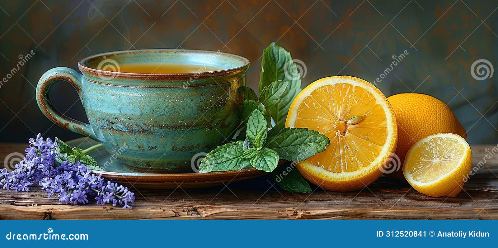 a cup of green tea, herbs and some lemons on wooden table, in the style of violet and amber, baroque grandiosity