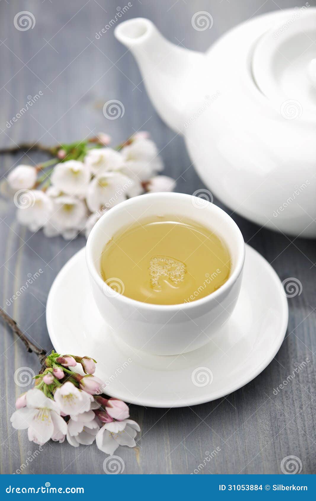 Cup of Green Tea and Japanese Cherry Blossom Stock Photo Image of