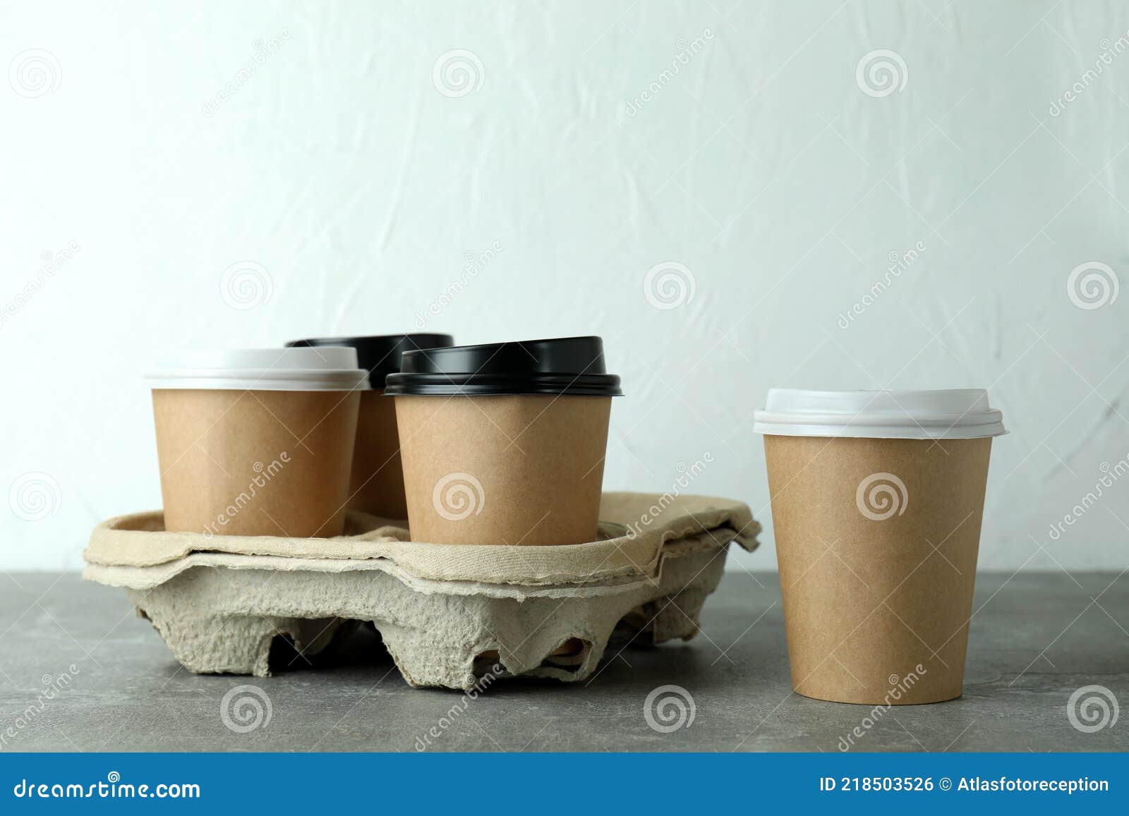 Cup Holder with Coffee Cups on Gray Textured Table Stock Photo Image