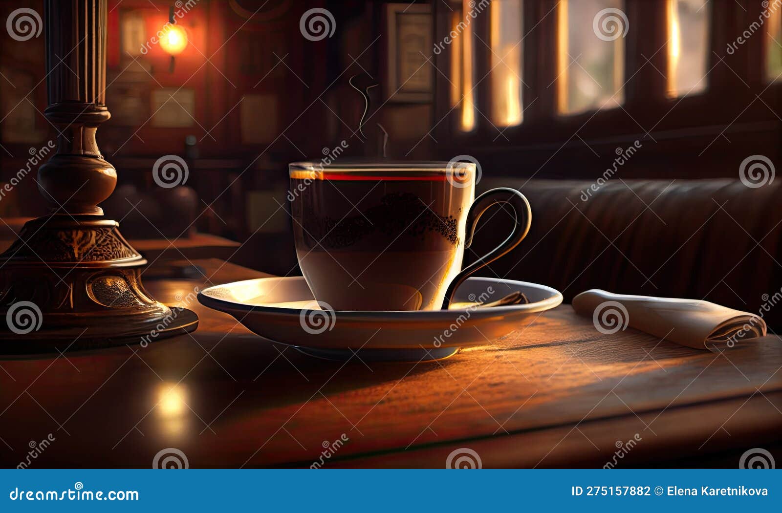 A Cup of Hot Coffee in a Stylish Cafe, Generative AI Stock Illustration