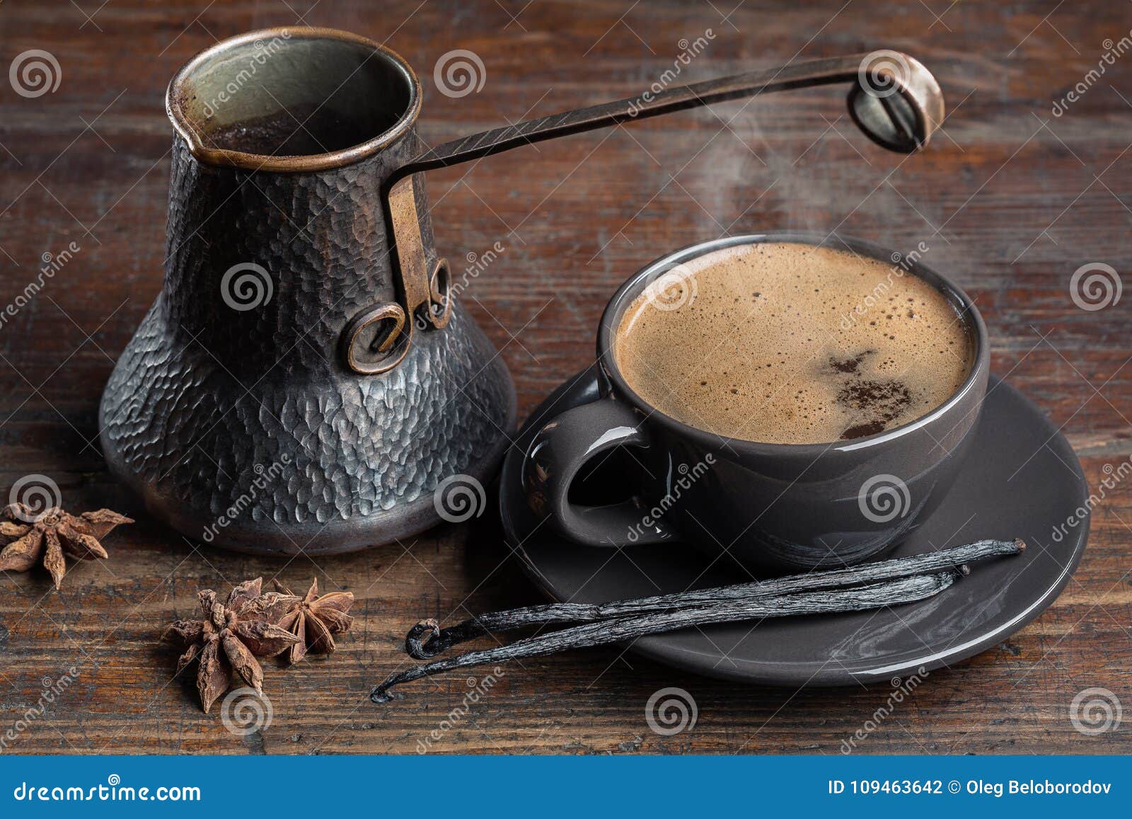 Old Coffee Pot and Cup of Hot Coffee are American. Stock Photo