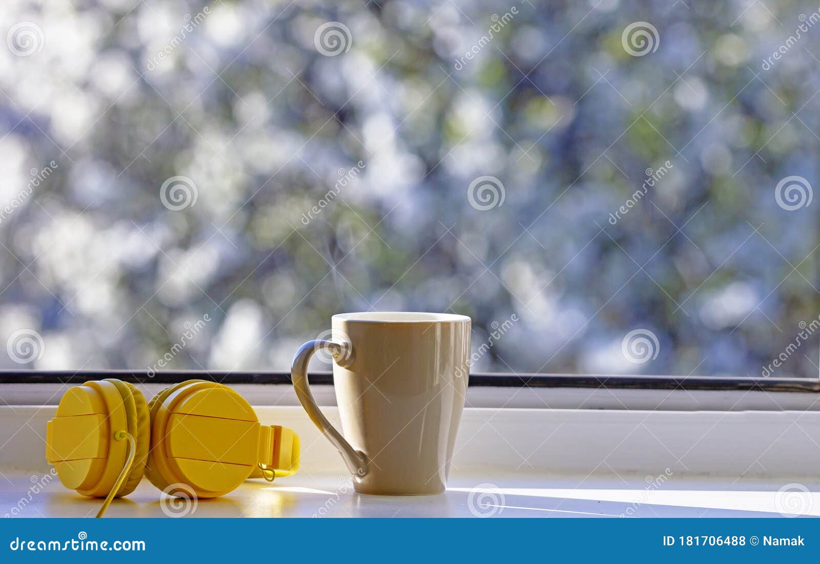 Cup Of Hot Tea With Headphones On A Window Sill Near An Open Window In ... Open Window At Morning