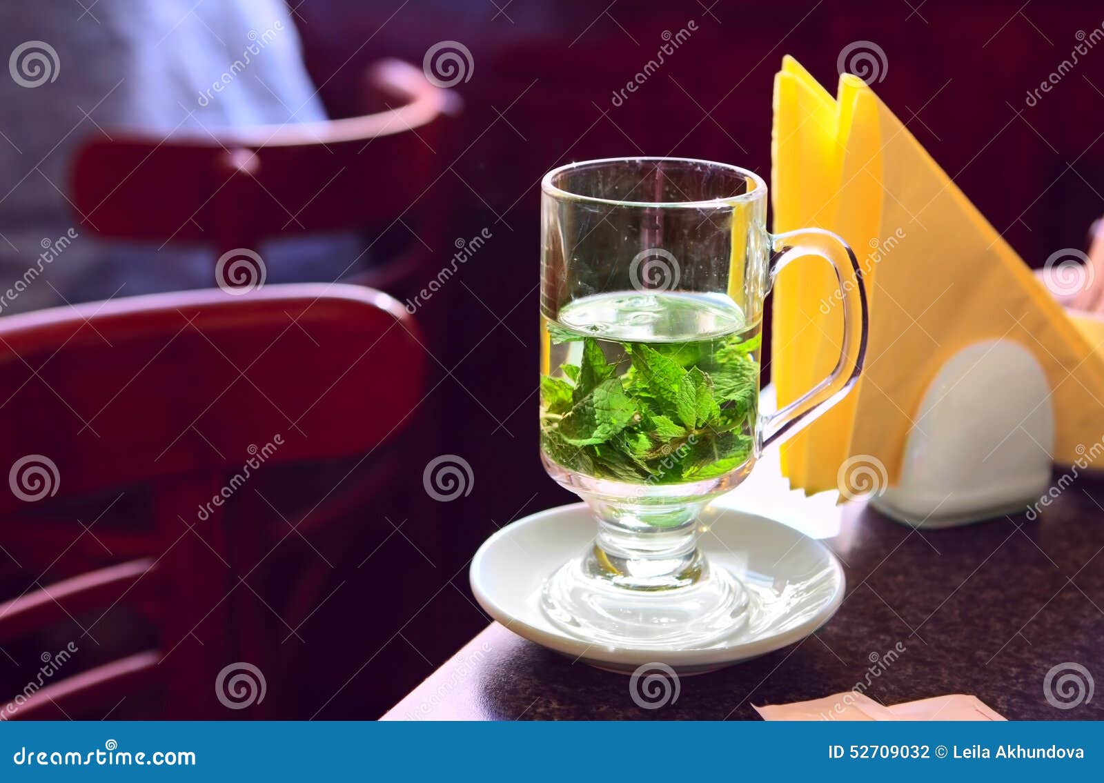 Cup of mint tea in cafe stock photo. Image of cafe, leaf 52709032