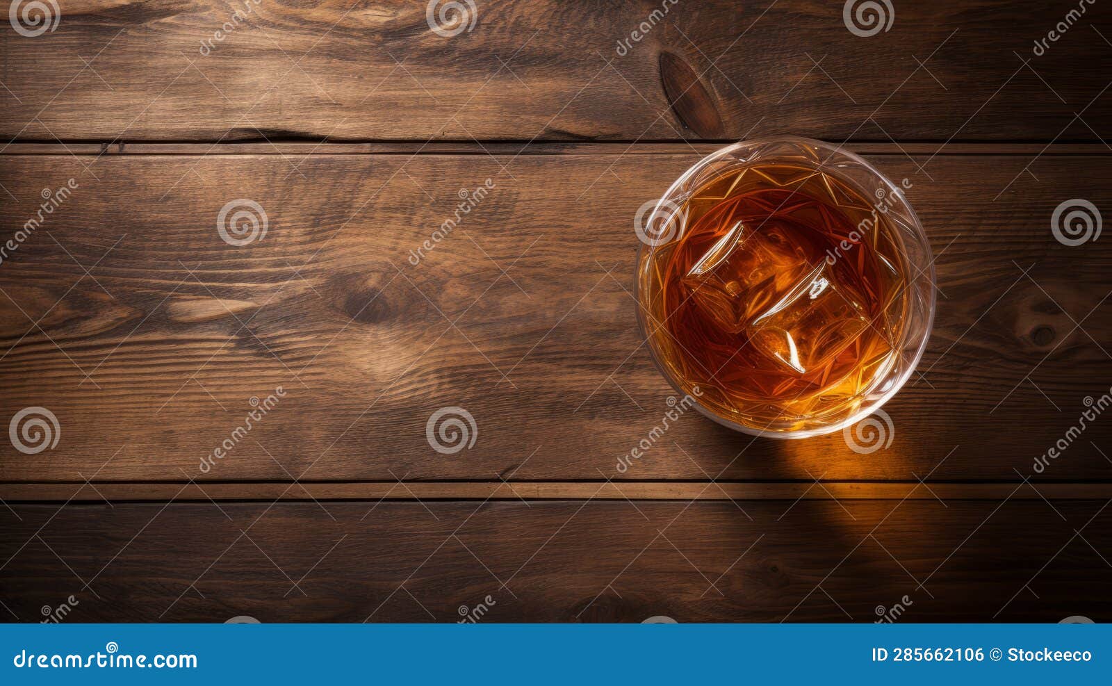 top view shot of whiskey in shot glass on wooden table
