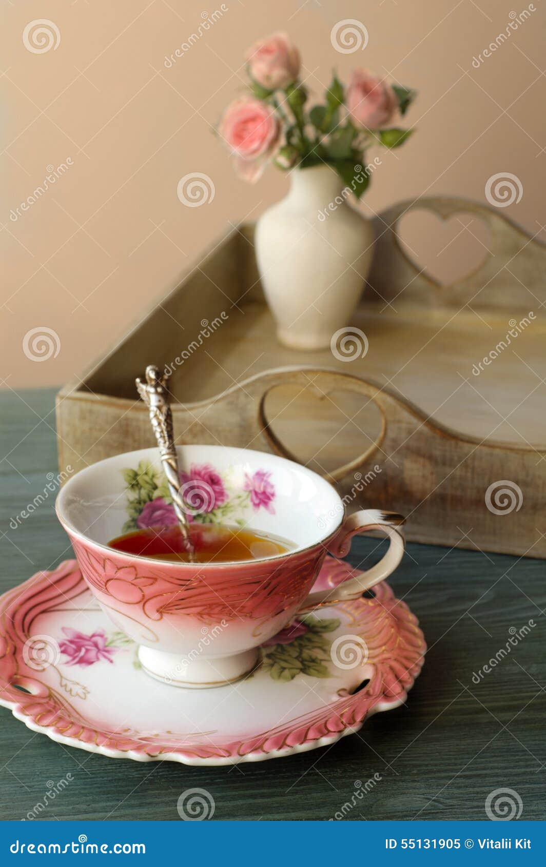 Cup of Tea on a Background of Flowers in a Vase Stock Image Image of drink, cupcake 55131905