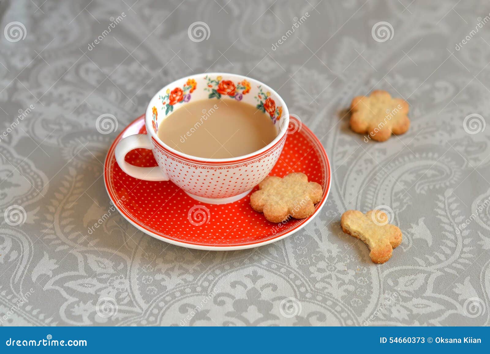 Cup of Tea and Biscuits on a Light Grey Surface Stock Image Image of
