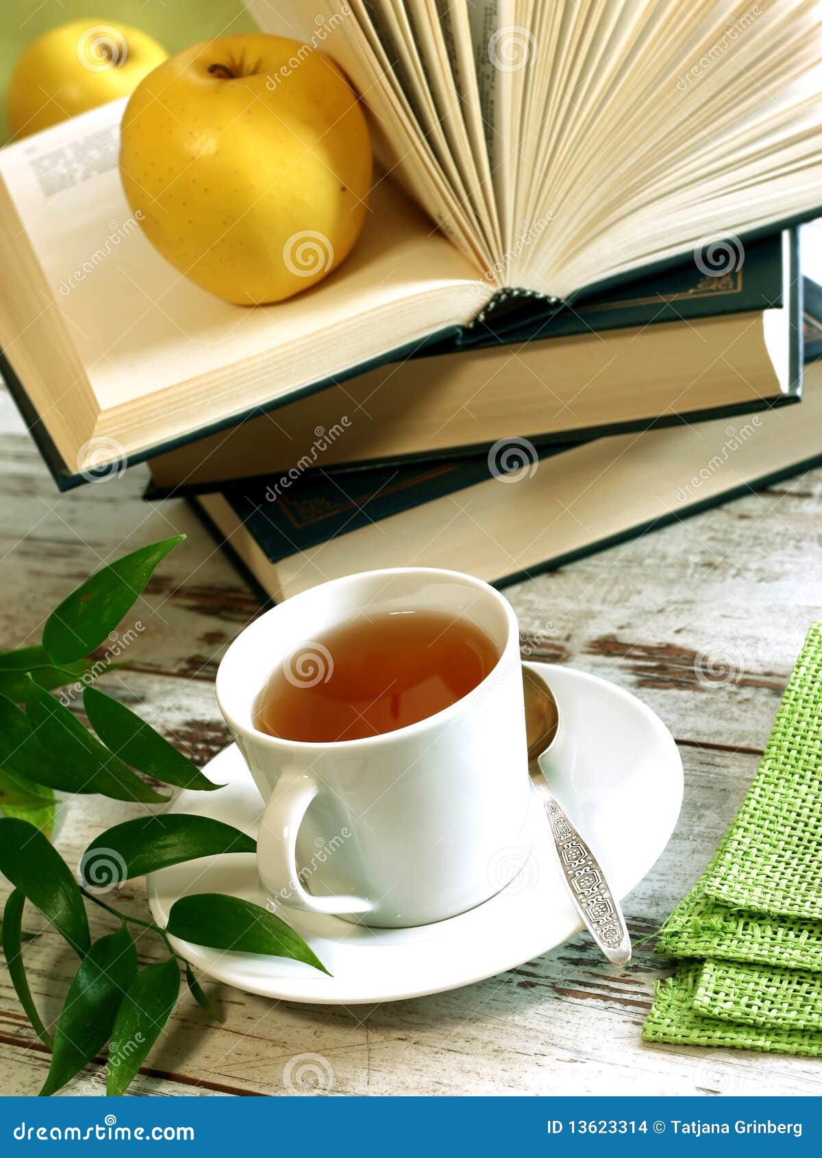 Cup of Tea, Books and Apple on Wooden Stock Photo Image of book, text