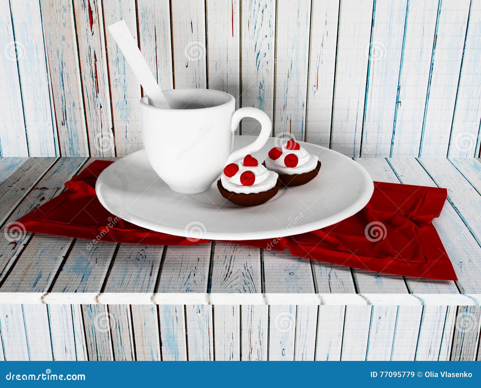 A Cup of Tea and the Cakes on the Plate, 3d Stock Illustration