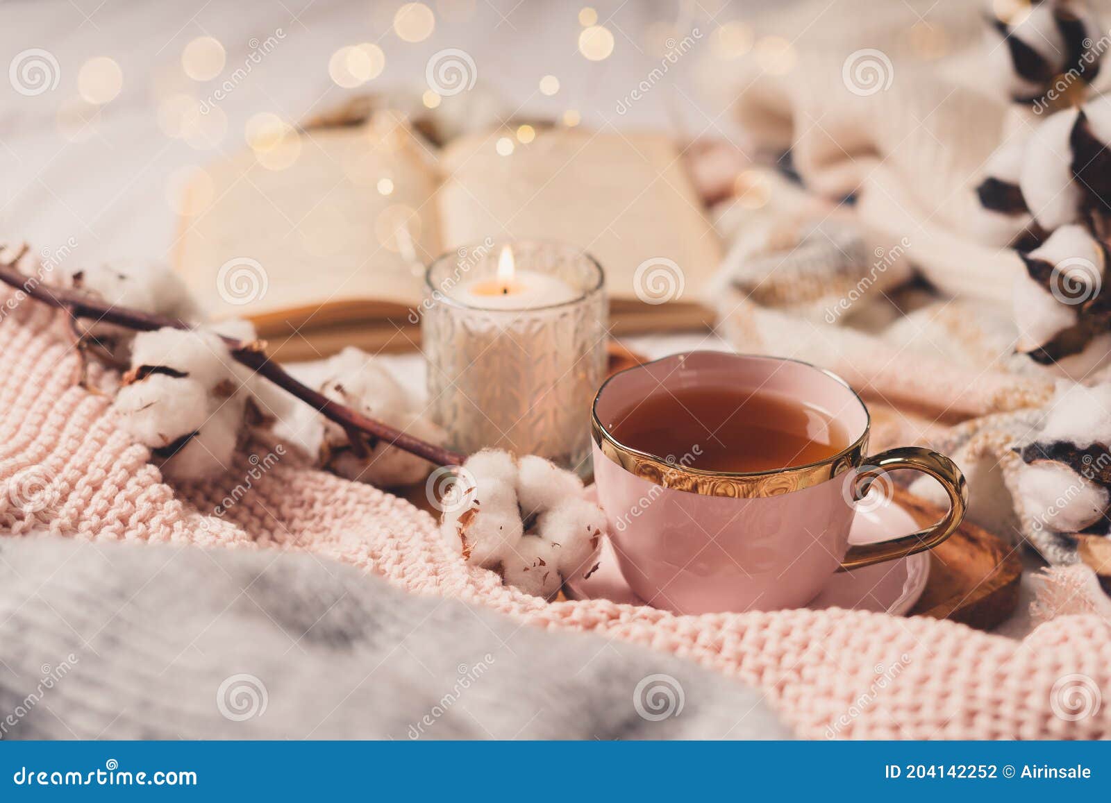 Cup of Tea, Cotton, Cozy, Book, Candle. Cosy Autumn Winter Concept