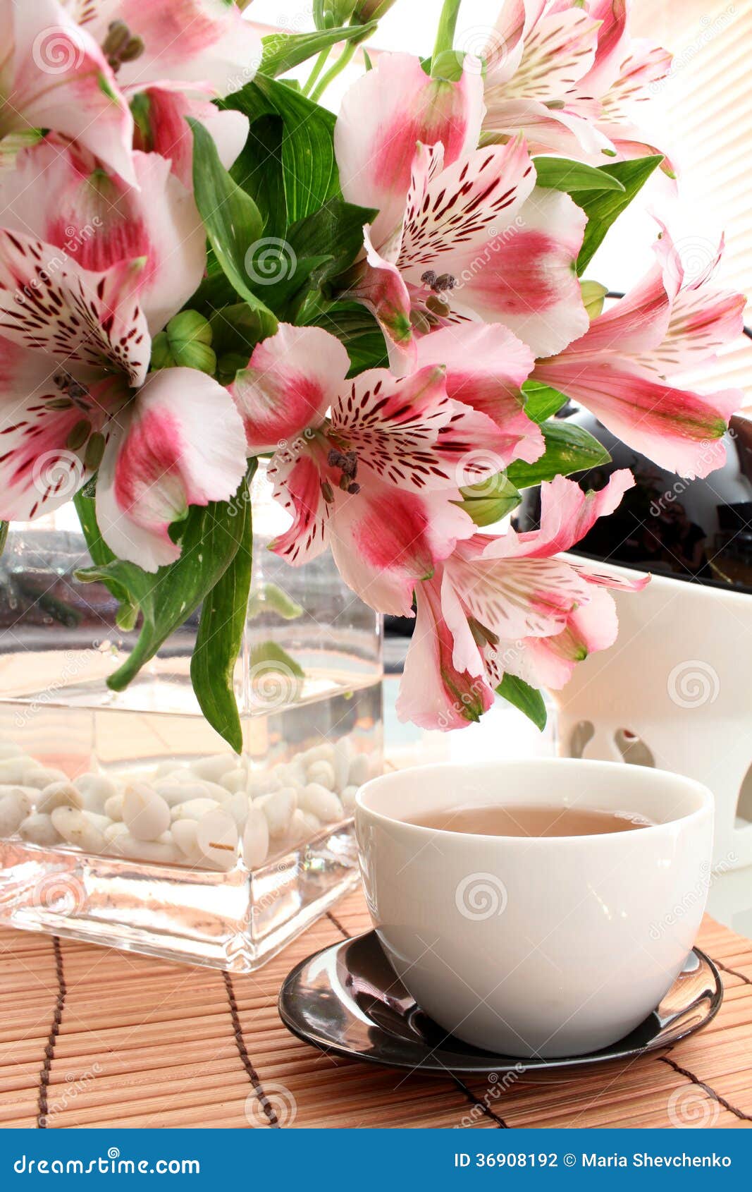 Cup of tea and flowers stock photo. Image of healthy 36908192
