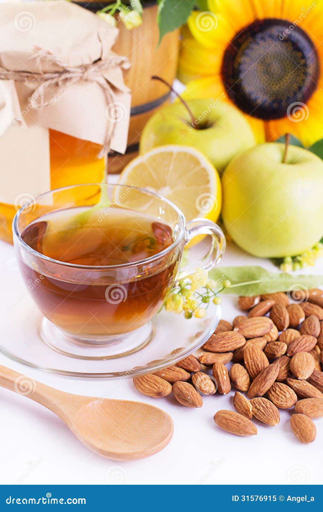 Cup of Tea with Linden Honey, Apples, Almonds Stock Image Image of table, breakfast 31576915