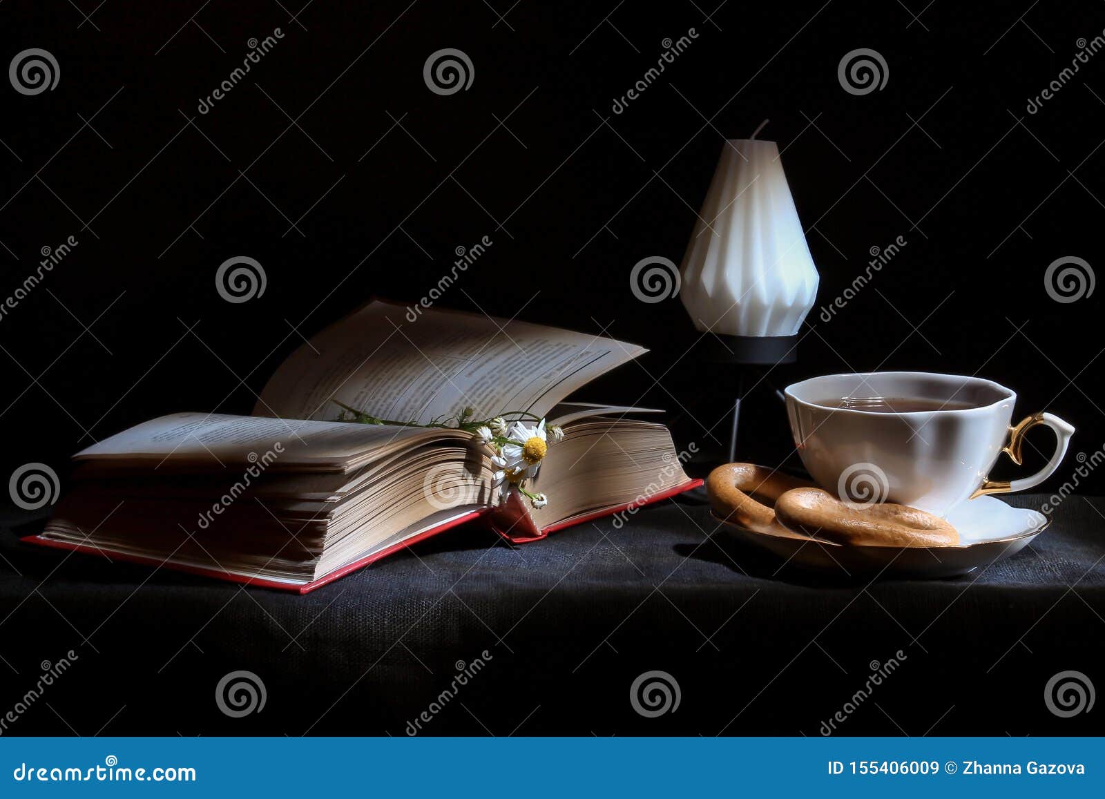 Cup of Tea with Open Book and Candle Close Up, Black Background. Autumn  Concept. Picture of Wallpaper Stock Image - Image of antique, life:  155406009
