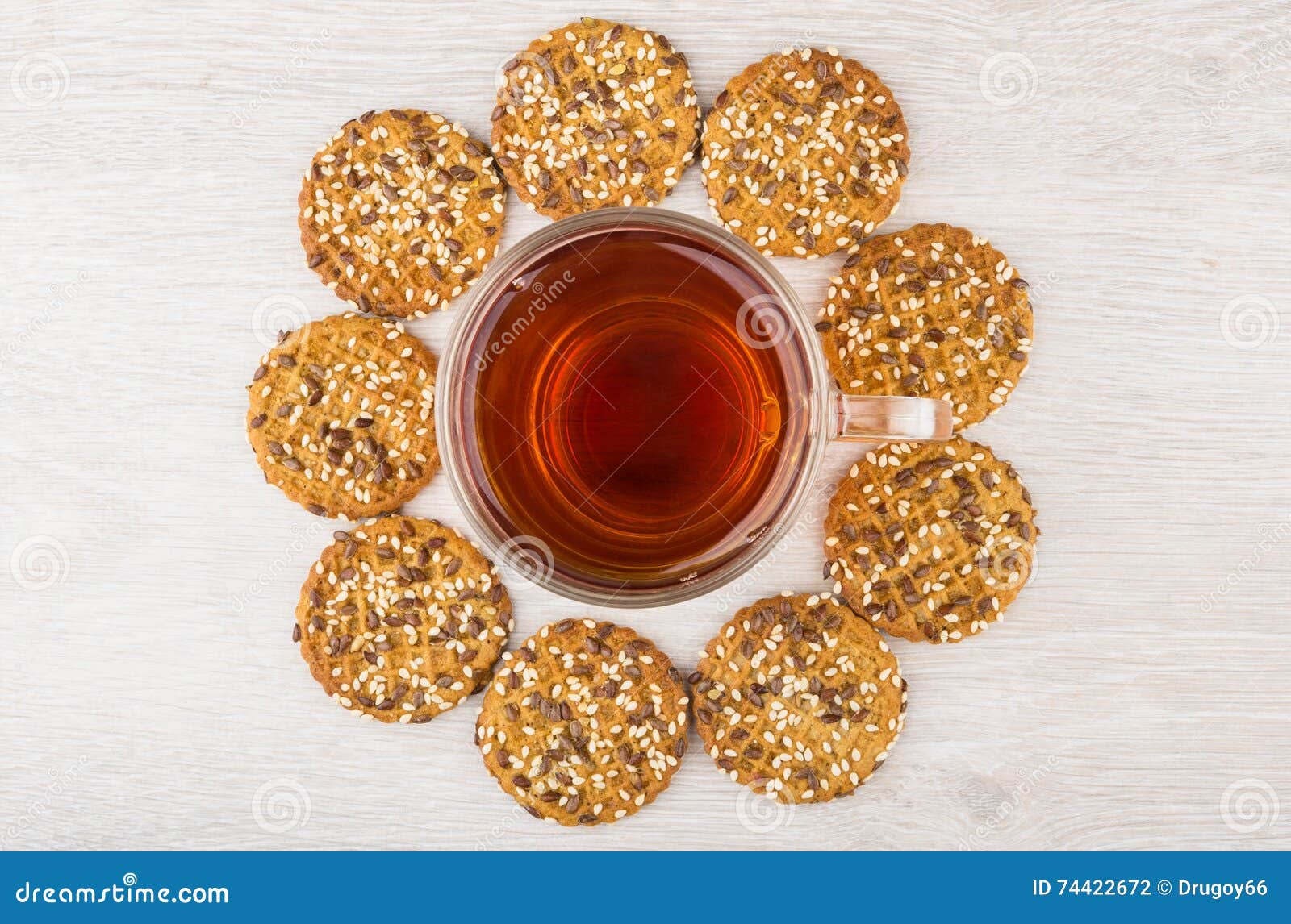 Cup of Tea and Ring from Cookies with Sesame Seeds Stock Photo Image