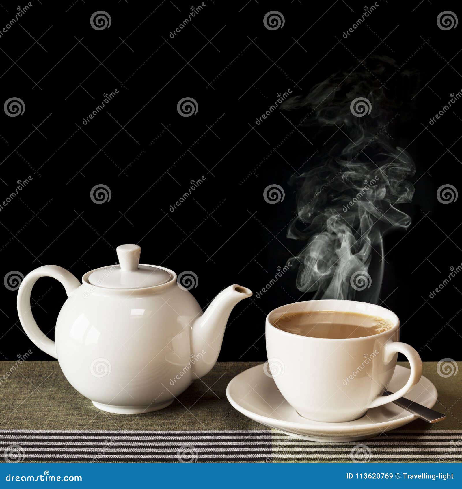 Cup of Tea with Steam and Teapot Stock Image - Image of steaming, table:  113620769