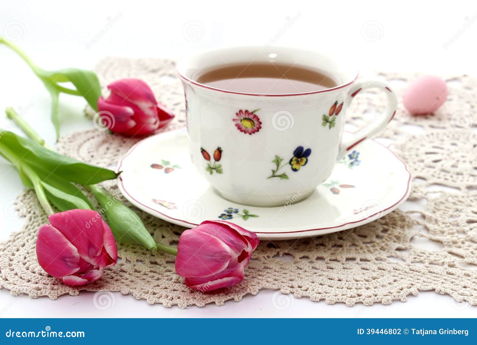 Cup of Tea and Tulips on Beautiful Napkin Stock Photo Image of east