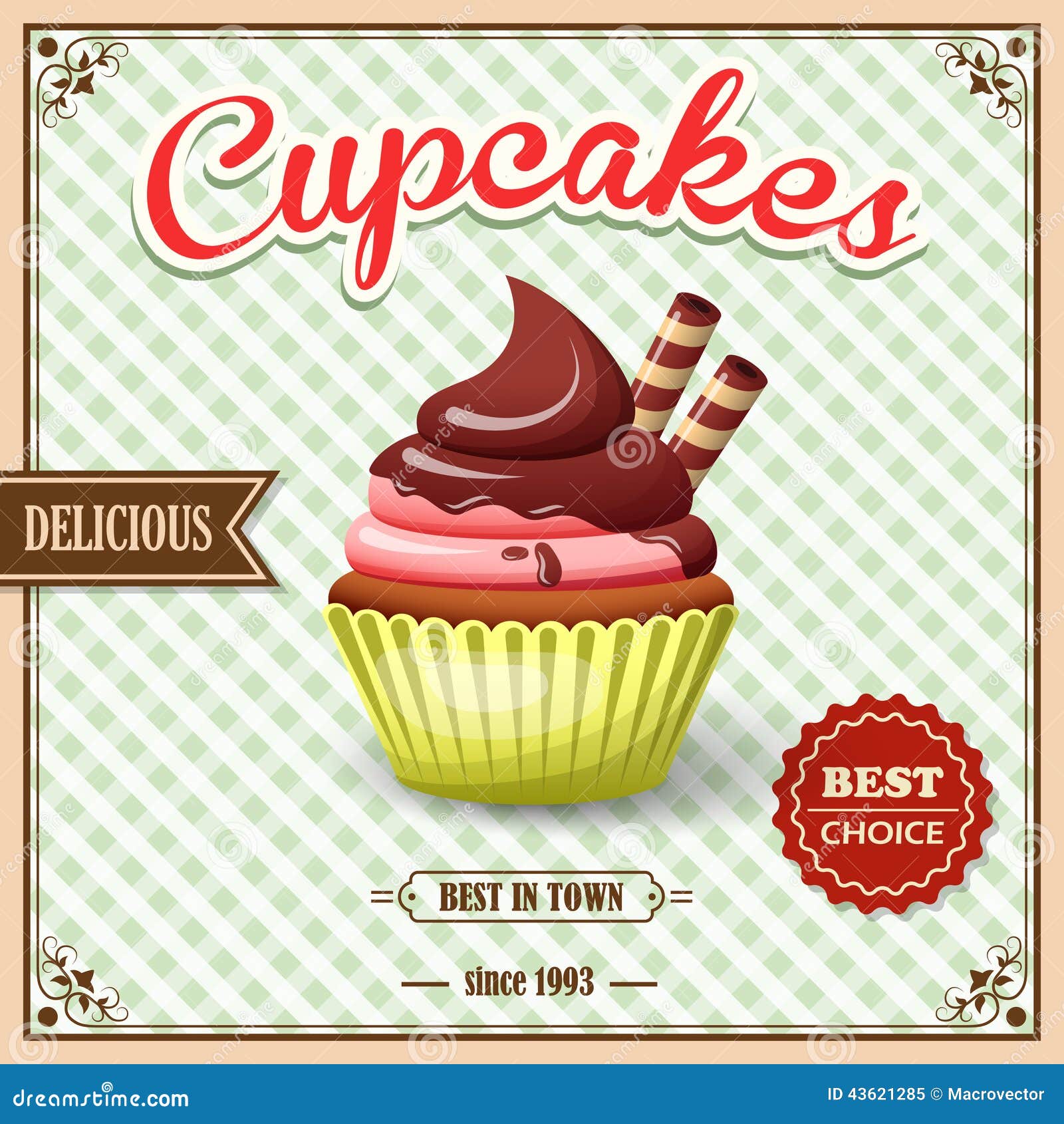 Cupcake cafe poster. Sweet food dessert cupcake on cafe retro poster with squared background vector illustration.