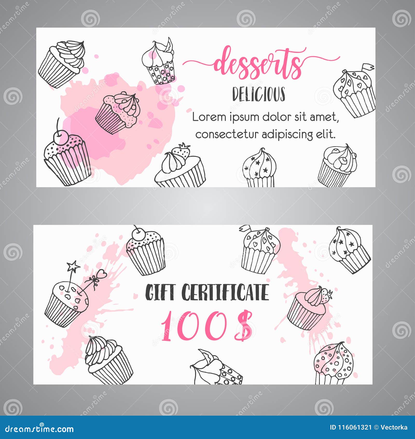 Cupcake Gift Certificate With Handdrawn Cupcakes And Pink Splashes Coupon With Desserts Promo Banner For Bakery Stock Vector Illustration Of Bake Desser 116061321