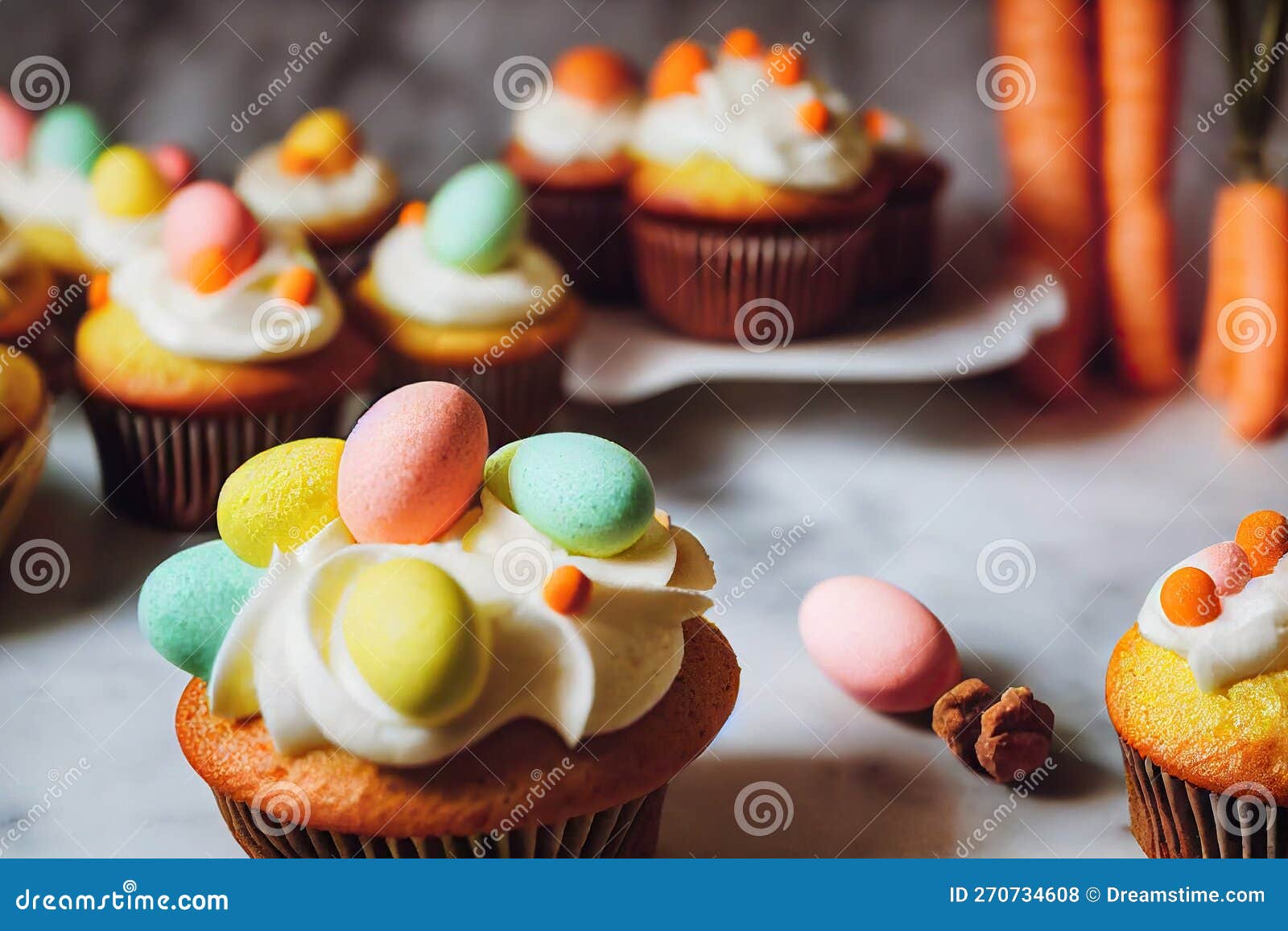 Cupcake Muffins with Cream and Decoration Carrot Cake on Table