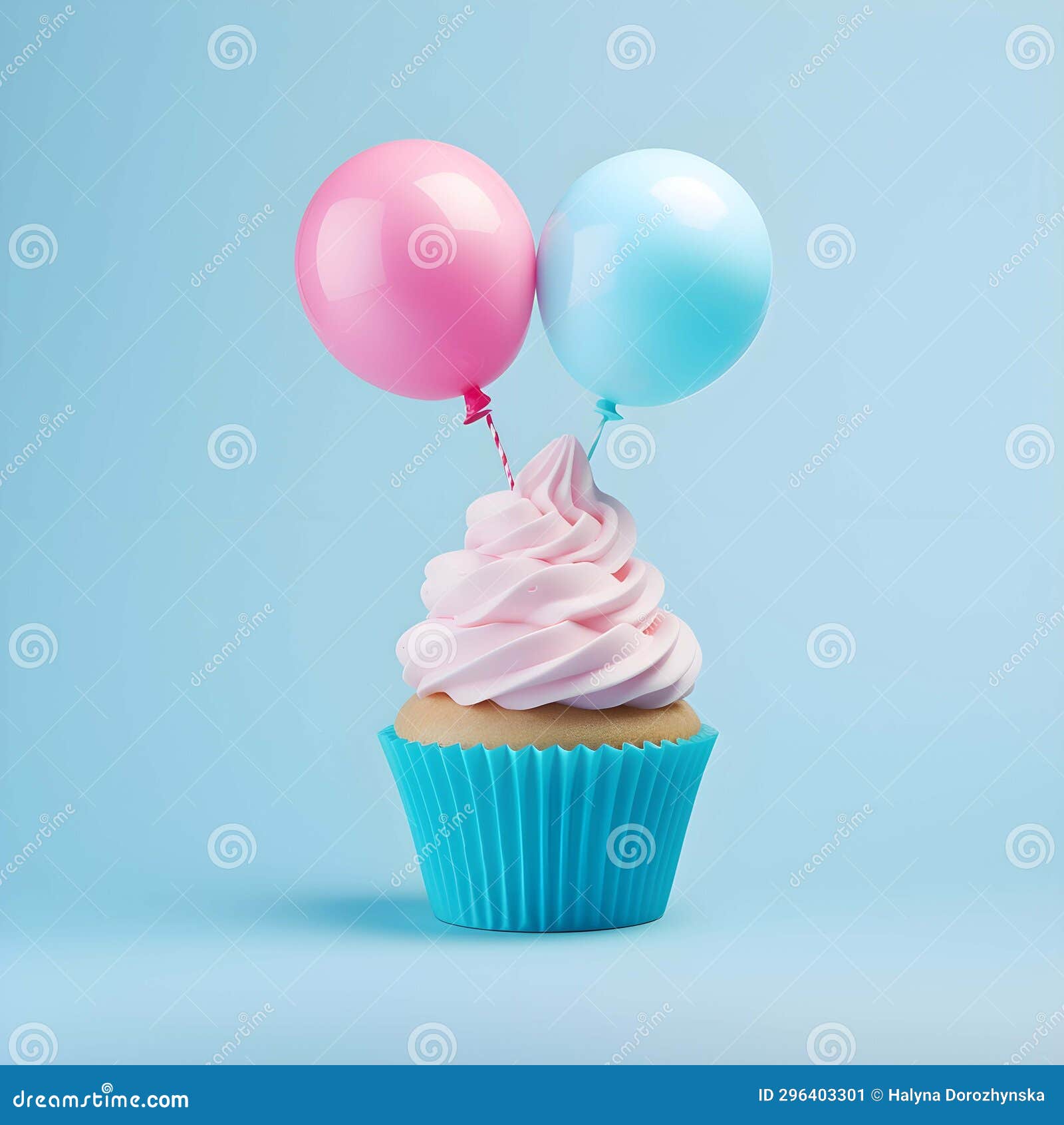 Cupcake with Pink and Blue Balloons on a Blue Background Stock