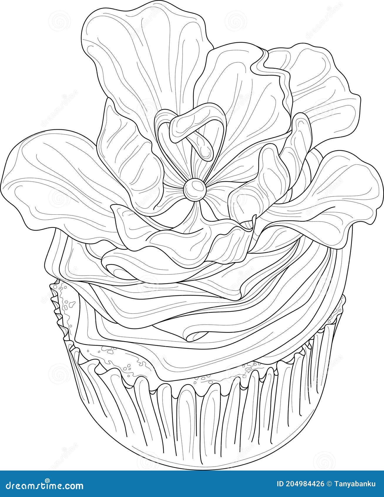 Página Para Colorir Cupcake. Bolo Doce Com Creme. Sobremesa Festiva. Padrão  Floral. Desenho De Linha Vetorial Desenhado À Mão. Livro De Colorir Para  Crianças E Adultos. Esboço Preto E Branco. Royalty Free