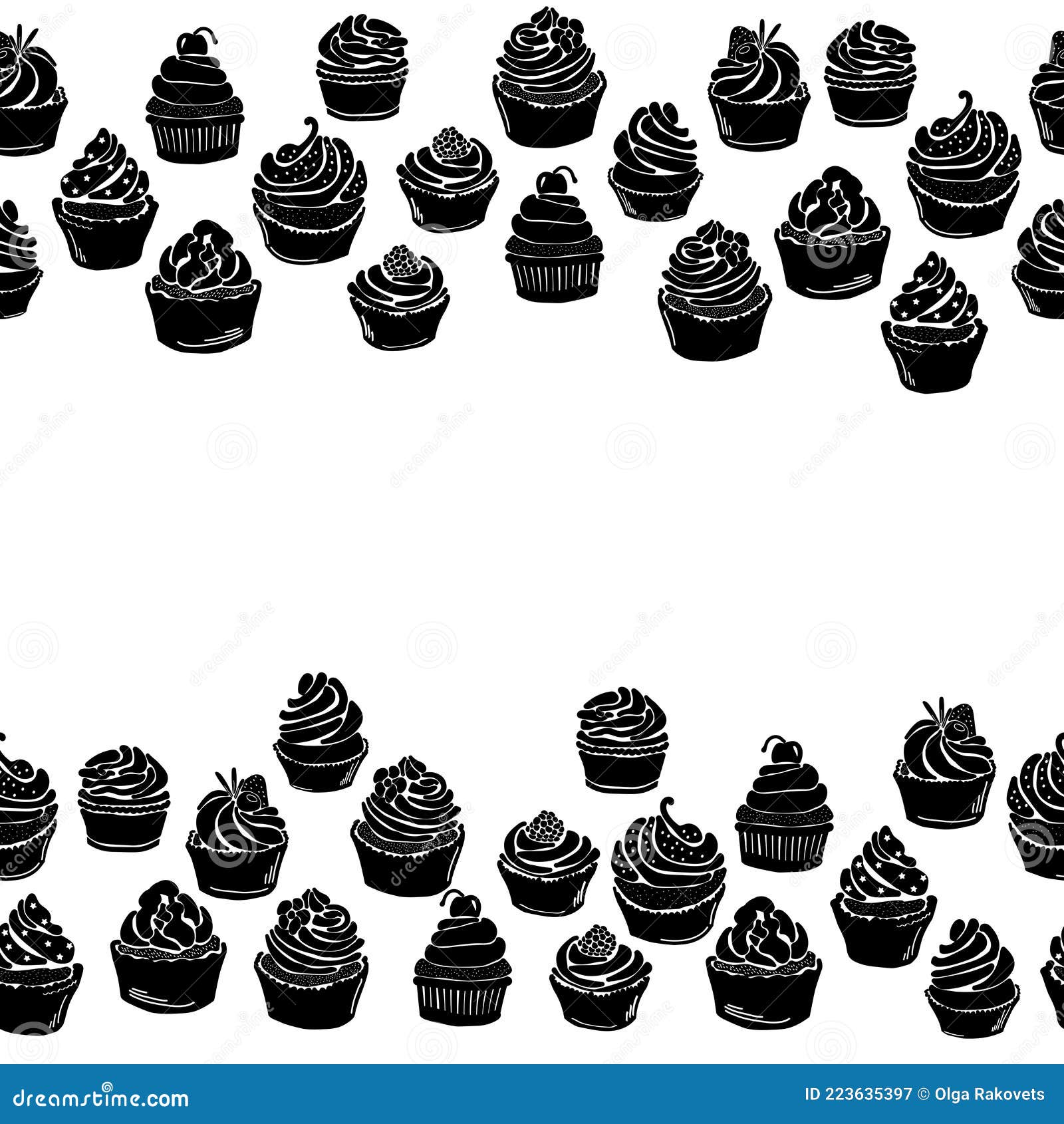 Cupcake Silhouette Horizontal Border, Muffin Decorative Frame with