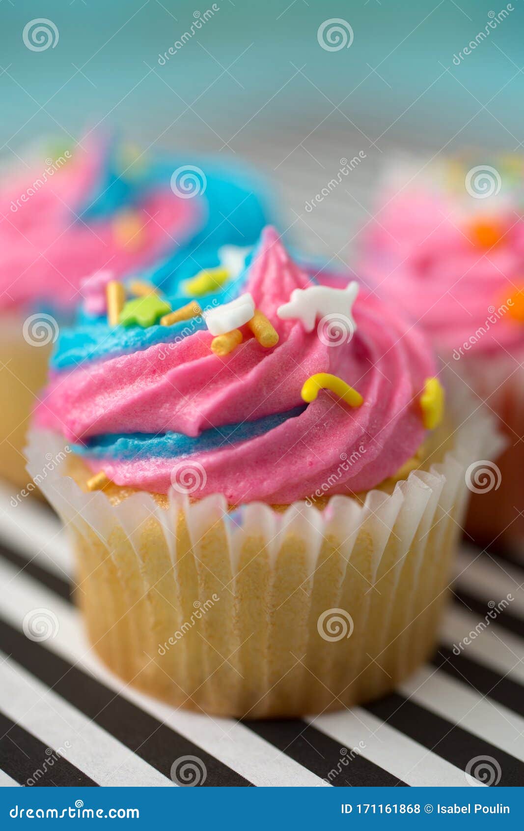 Cupcakes with Blue and Pink Icing on a Blue Background Stock Photo