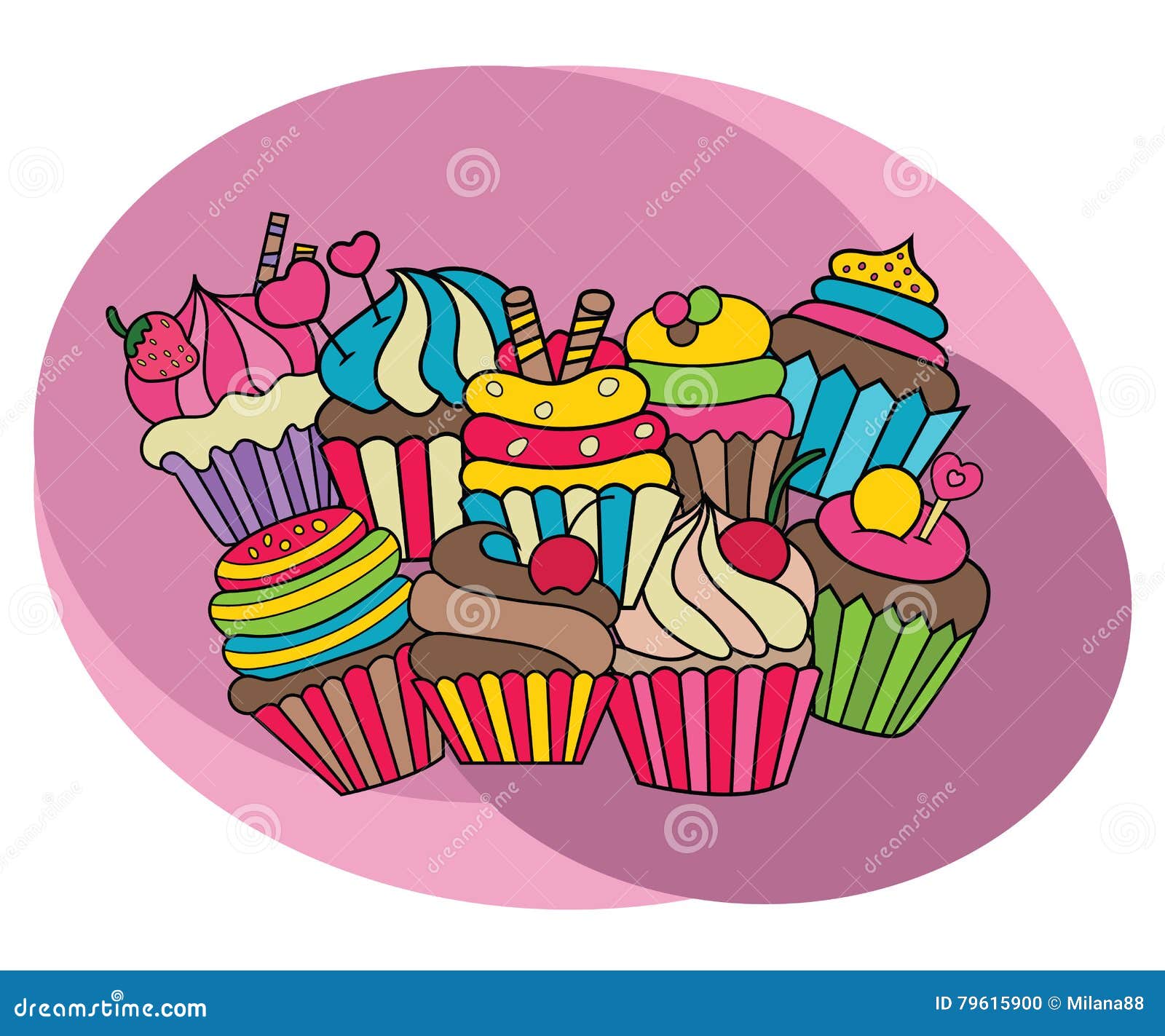 Cupcakes Design Set. Cartoon Free Hand Draw Doodle Stock Vector -  Illustration of bakery, drawn: 79615900
