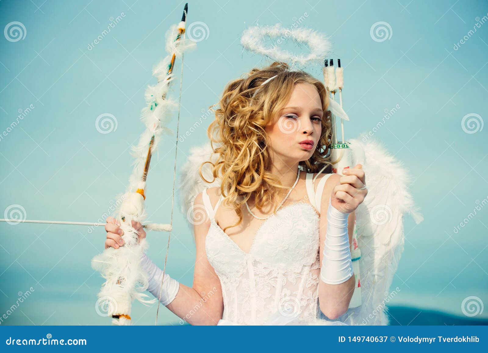 Cupid Cute Angel with Bow and Arrows. Little Angel Girl Against ...