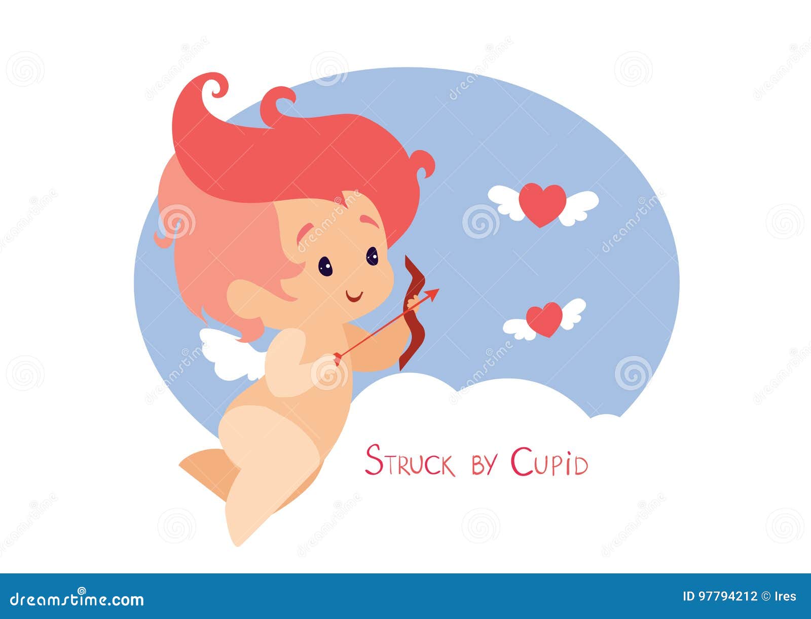 cupid hunting with archey bow flying hearts. handwritten fun quotation valentines day message