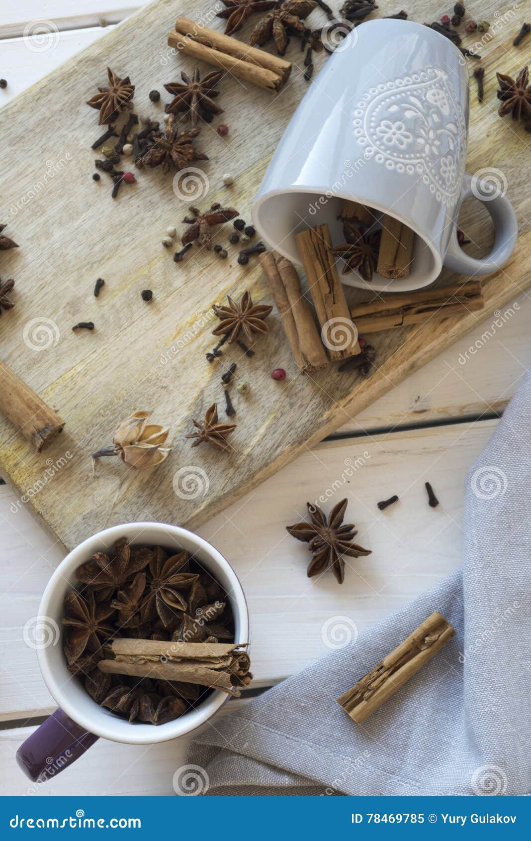Cups with Anise, Cinnamon, Cloves and Pepper. Stock Image Image of