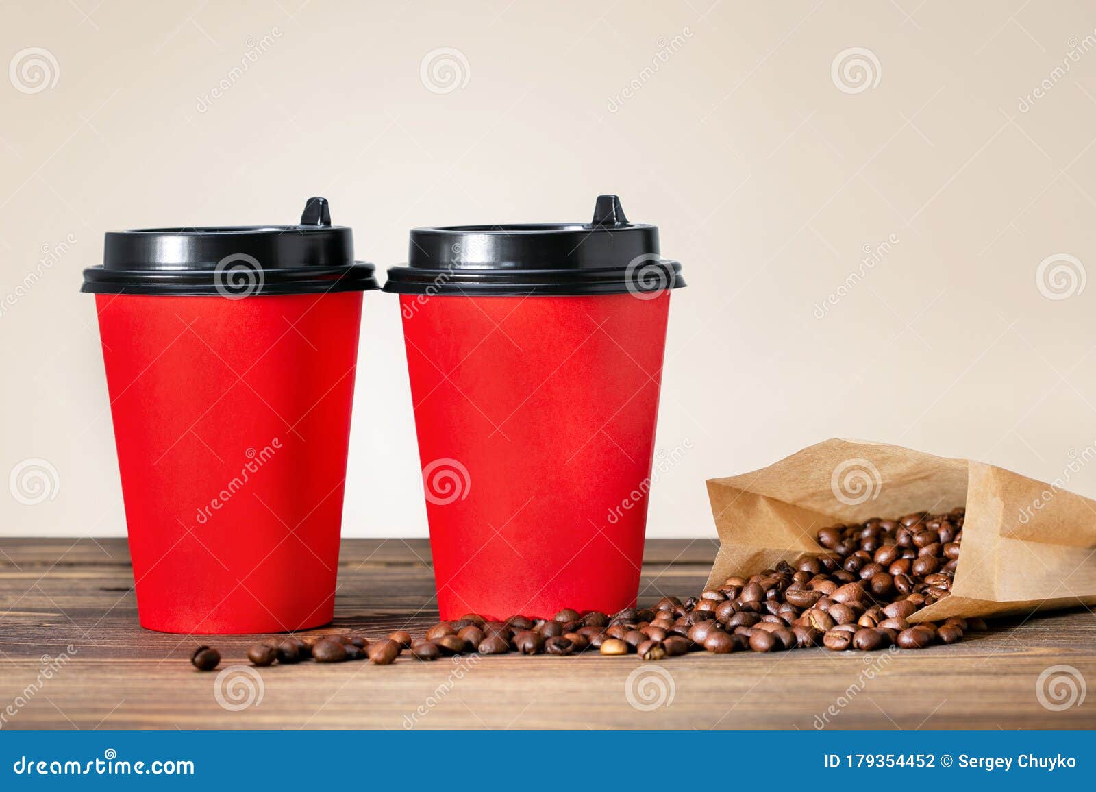 Cups of Coffee and Bag with Coffee Beans. Stock Photo Image of