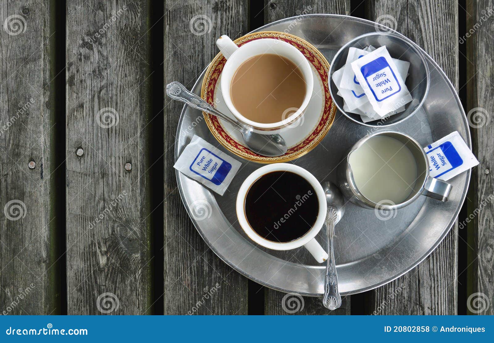 Cups Of Coffee, Jug Of Milk, Sugar On Wooden Table Stock 