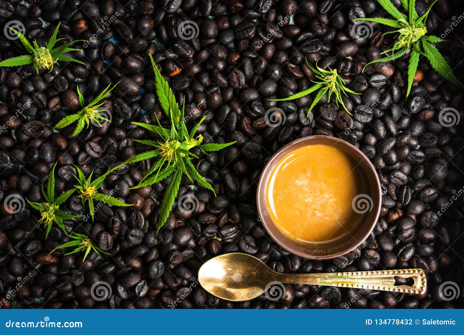 Cups of Coffee with Marijuana and Roasted Beans Stock Photo Image of