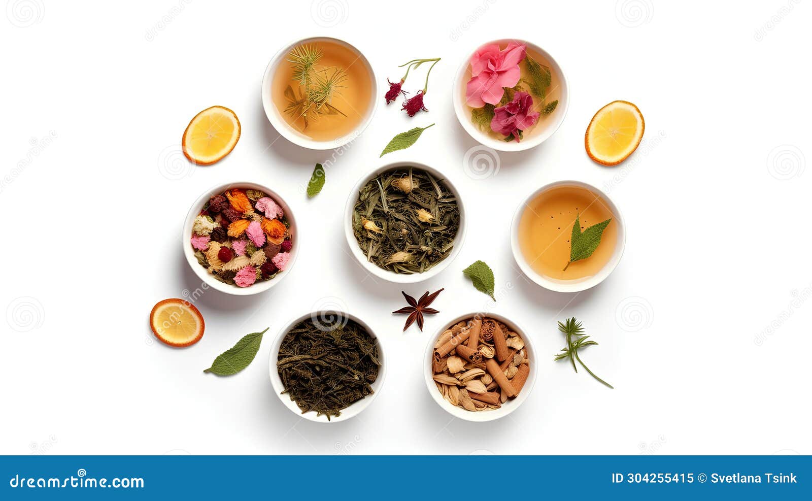 Cups with Different Types of Tea and Ingredients on the Table. View