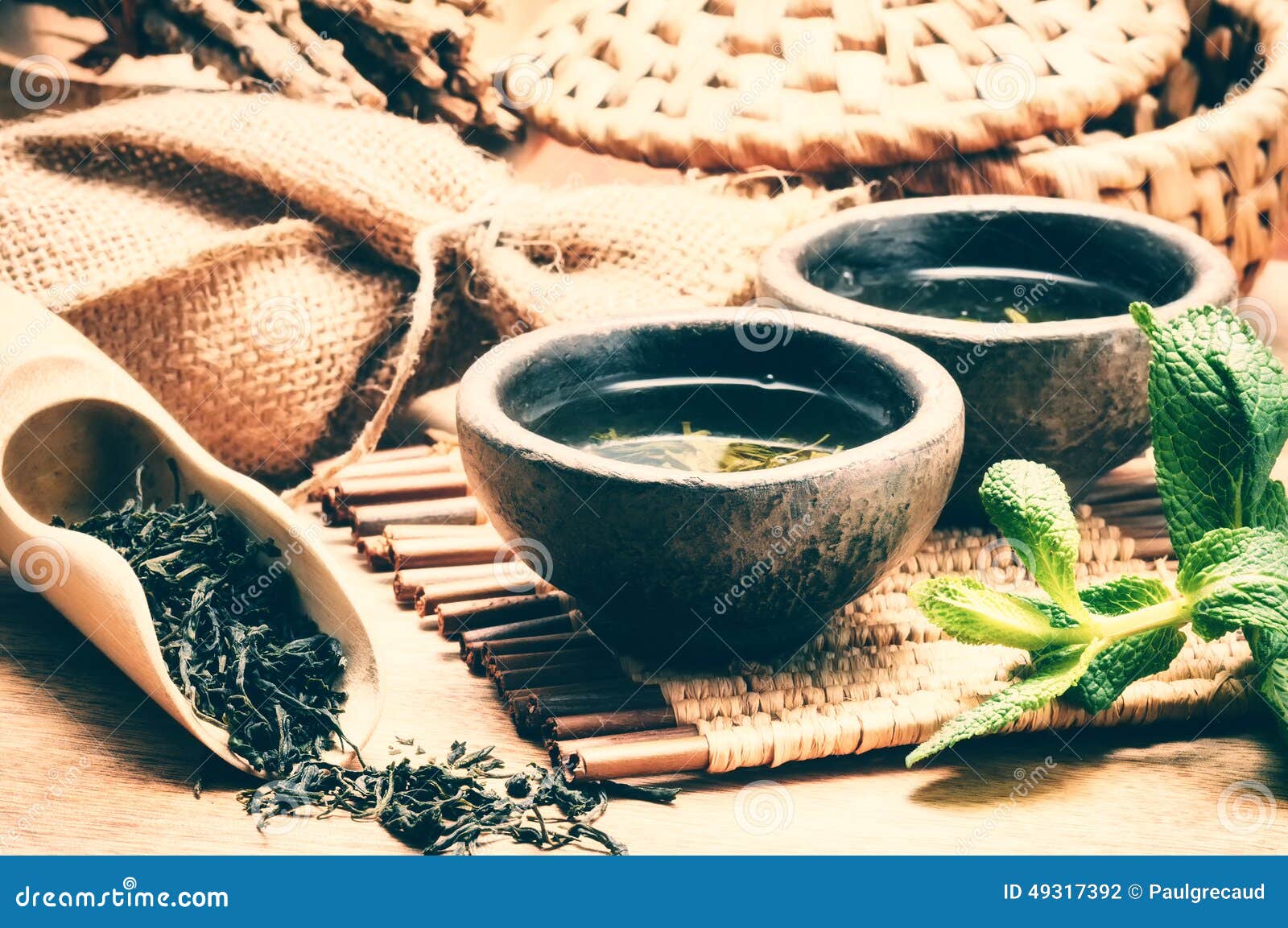 Cups of hot green tea stock photo. Image of beverage 49317392