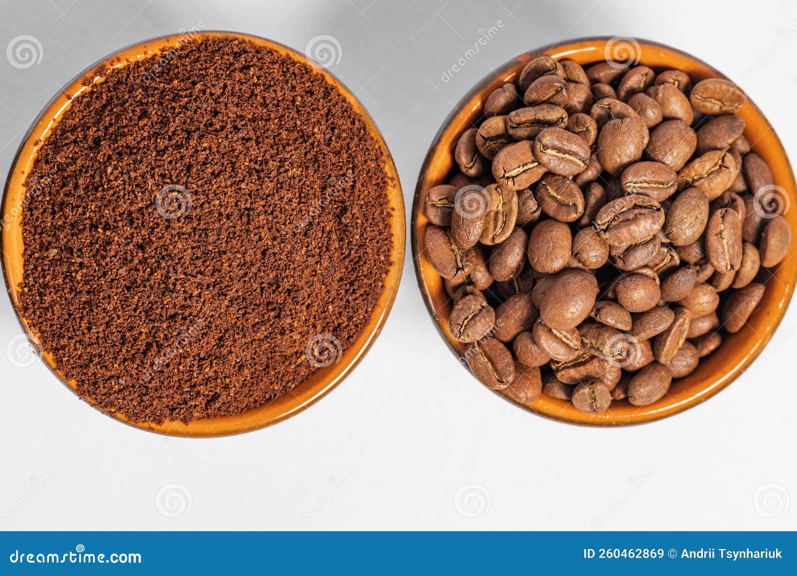 Cups with Roasted Coffee Beans and Ground Coffee, White Background and
