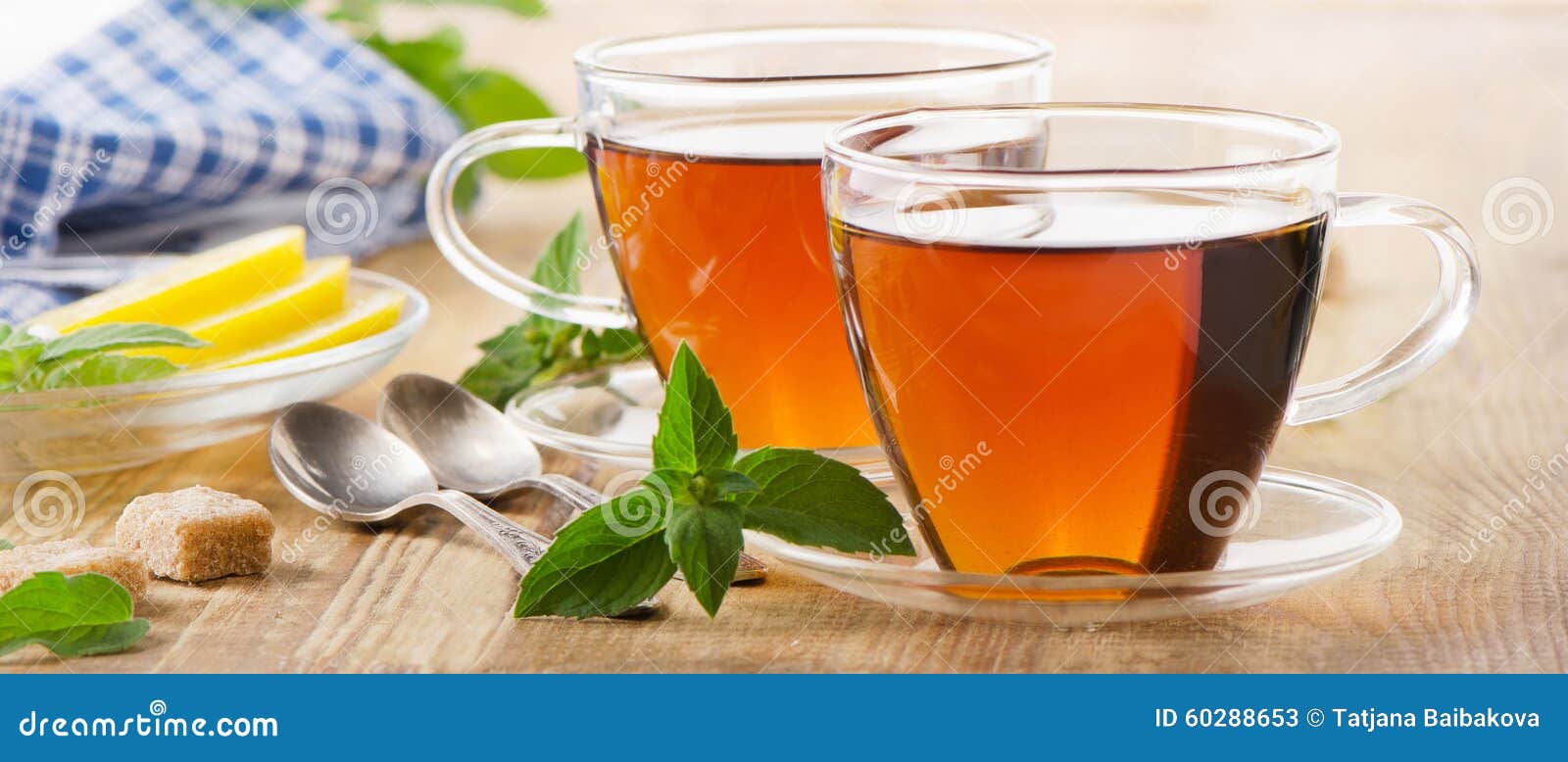 Cups of Tea with Mint Leaves and Lemon. Stock Image Image of