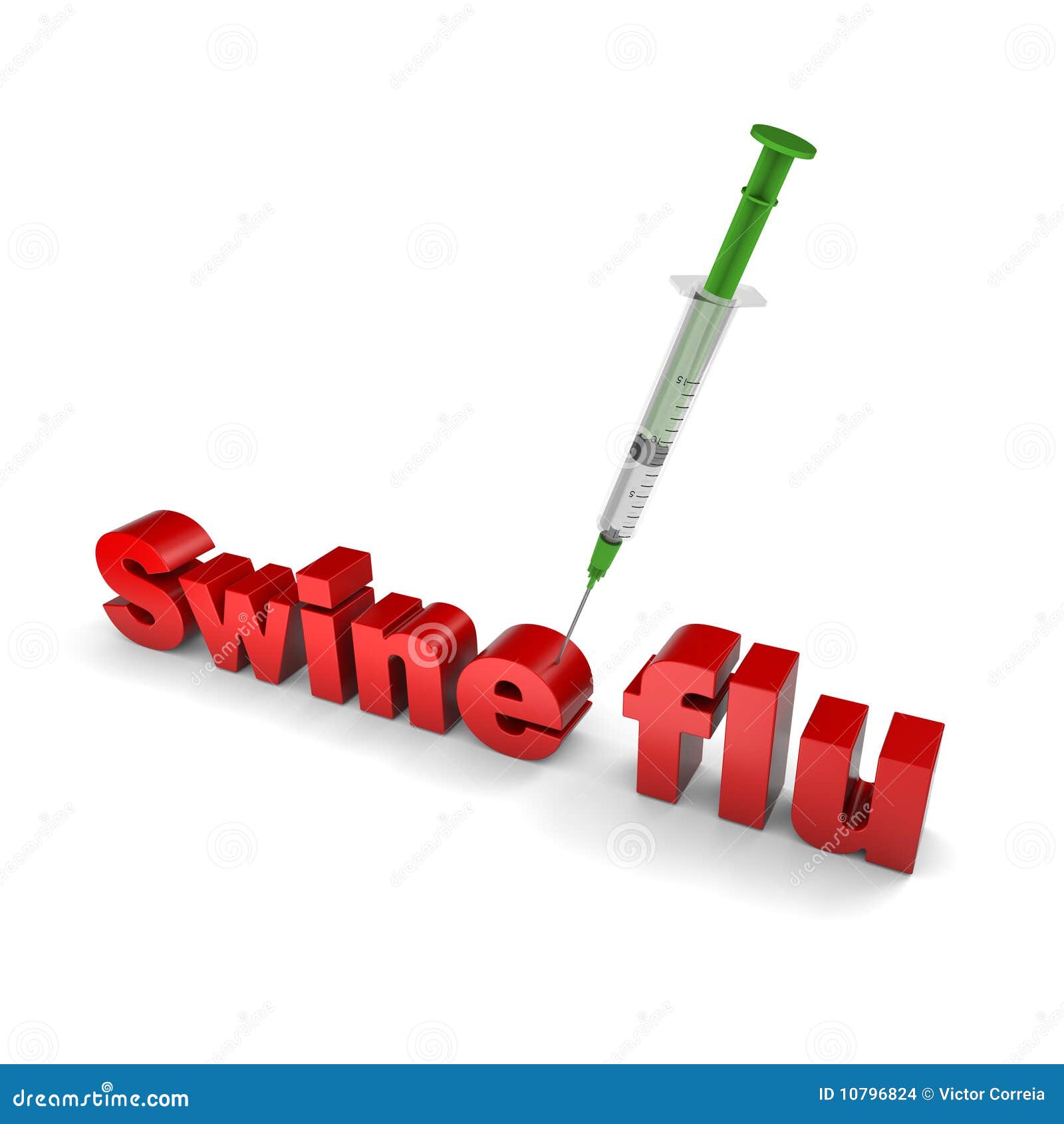 Curación para la gripe de los cerdos. Texto de la gripe de los cerdos que es inyectado por una jeringuilla. Vacuna del virus H1N1. Parte de una serie.