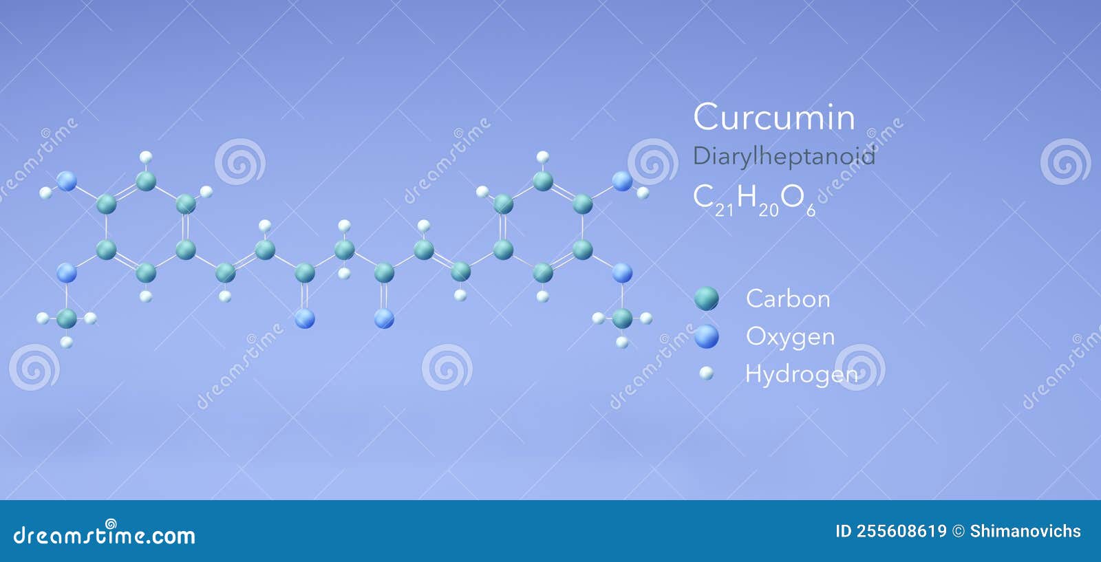 curcumin, curcuma, molecular structures, 3d model, structural chemical formula and atoms with color coding
