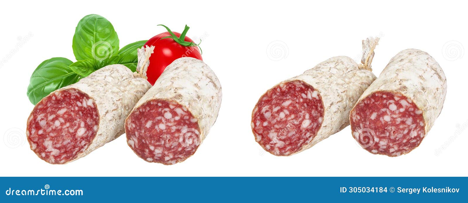 cured salami sausage  on white background. italian cuisine with full depth of field