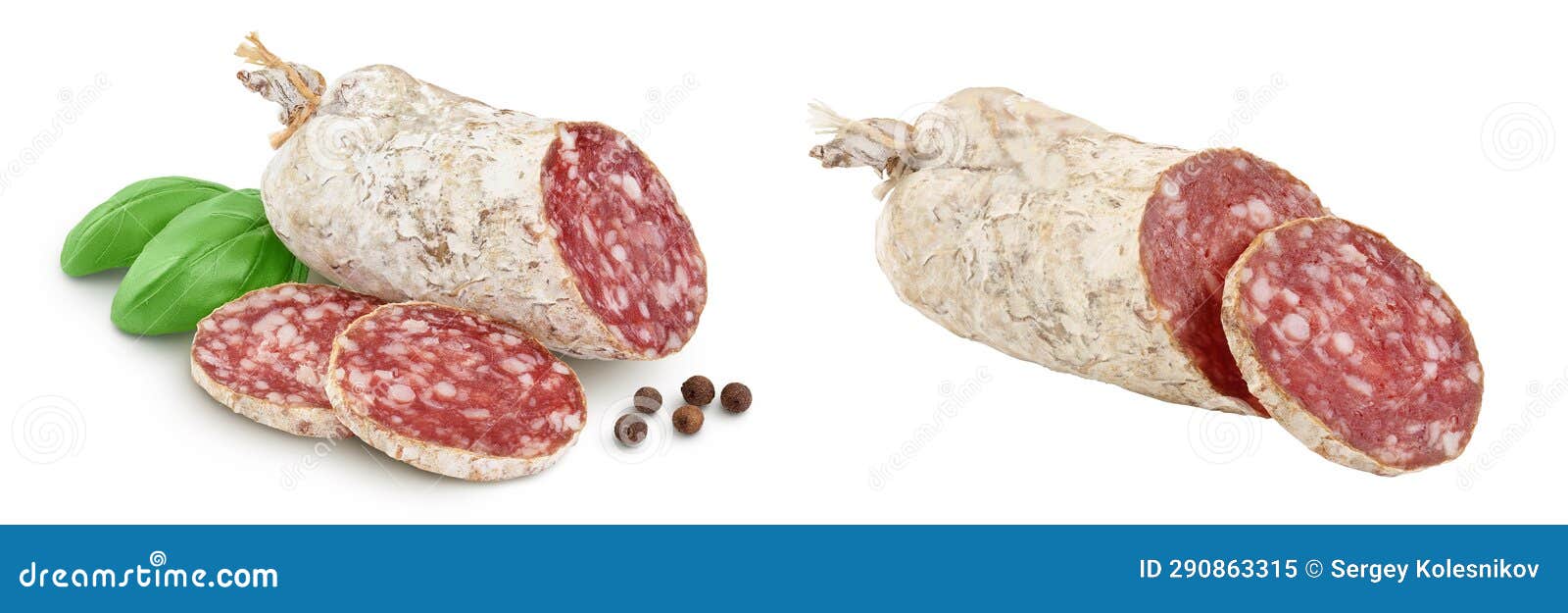 cured salami sausage  on white background. italian cuisine with full depth of field